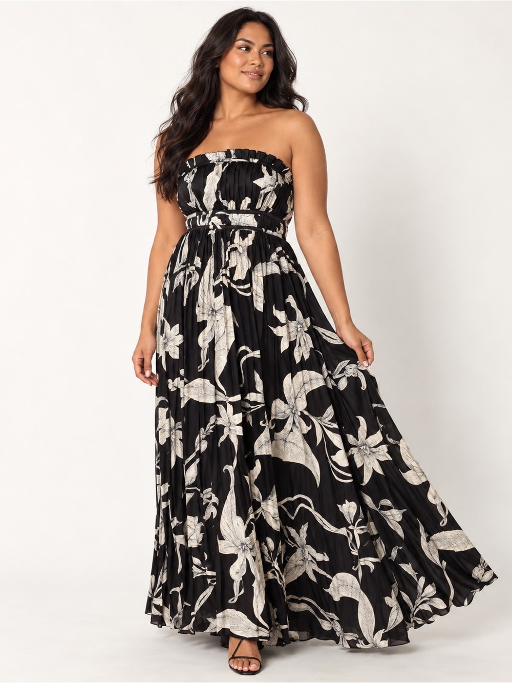 Petal & Pup Angelique Black Floral Strapless Pleated Maxi Dress Wedding Guest